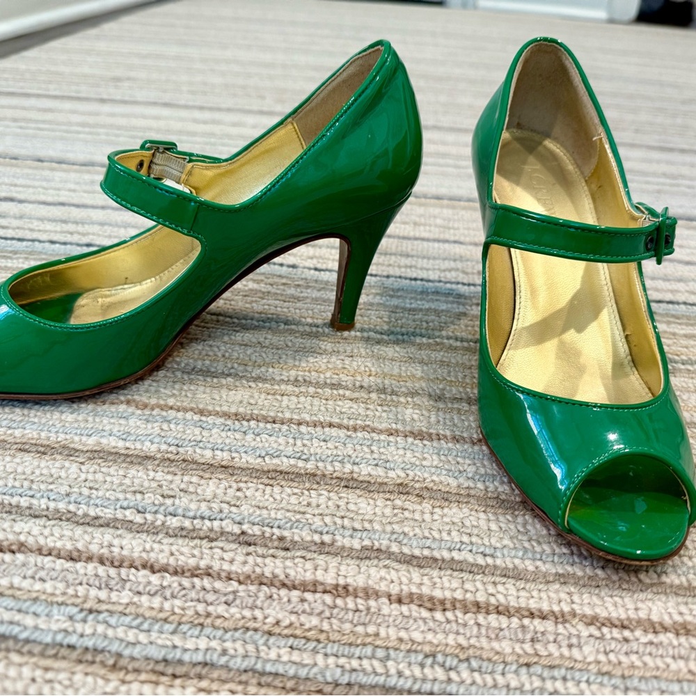 J. Crew Glossy Green Mary Jane Heels